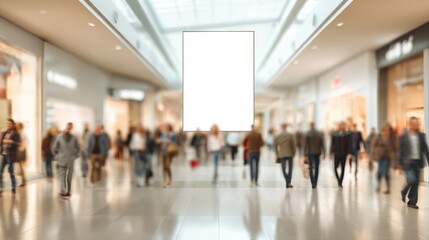 Blank Advertisement Billboard Mockup in Busy Shopping Mall with Blurred Crowd of People