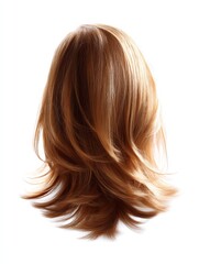 Fototapeta premium A flowing hairstyle showcases soft layers and warm tones. The image captures the beauty of hair from the back, emphasizing its shine and movement. Perfect for hairstyling inspiration. AI