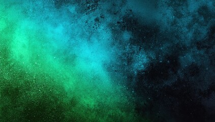 Abstract cosmic nebula, vibrant green and blue hues, speckled with glittering dust