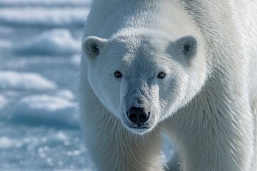 Polar bear on ice with satellite tag, cold white and icy blue 
