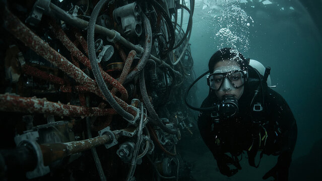 Saboteurs as scuba divers intentionally damaging vulnerable underwater internet infrastructure and cables.