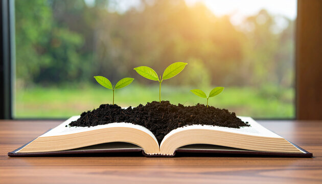 Emerging Growth: A visual metaphor of knowledge and growth. Tiny plant sprouts from an open book, symbolizing the blossoming of ideas and the potential for new beginnings.