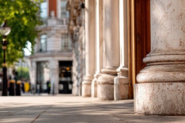 Obraz premium Marble Column and Urban Street View with Trees in Soft Light