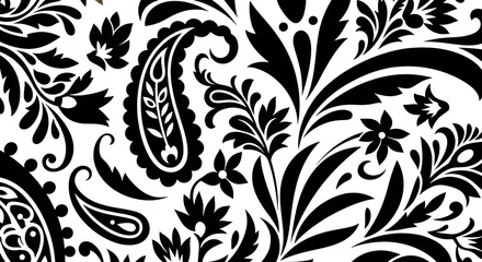 Black and white paisley floral pattern background vector design isolated on transparent background