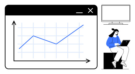 Growth chart with rising line graph in browser window, person working on laptop nearby. Ideal for data analysis, success strategy, business growth, online learning, remote work, productivity, simple