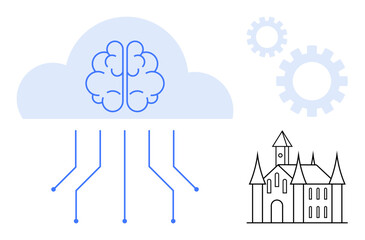 Brain within a cloud connected to circuits, gears symbolizing innovation, and a medieval castle. Ideal for AI, technology evolution, creativity, machine learning, history, automation simple flat