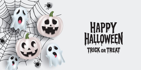 Halloween posters, cards, banner with cute white pumpkins, gosh and flying spider web in modern style. collection of Happy Halloween background, flayer, cover, Brochure with copy space for ads promo