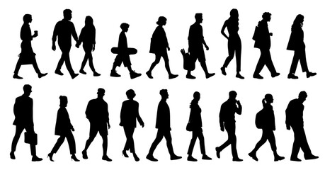 Flat vector illustration set of diverse walking people silhouettes, featuring men and women in various poses and outfits, isolated on transparent background for design and creative projects.