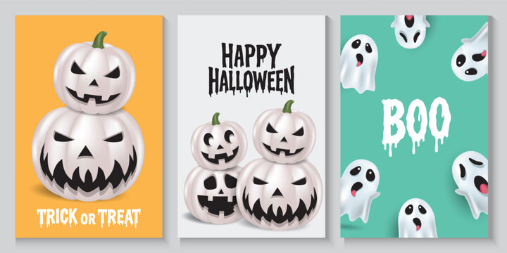 Halloween posters, cards, banner with cute white pumpkins, gosh and flying spider web in modern style. collection of Happy Halloween background, flayer, cover, Brochure with copy space for ads promo