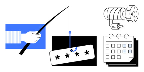 Fishing rod hooking a password, security camera, and calendar signifying digital threats. Ideal for cybersecurity, phishing, privacy, hacking, fraud prevention surveillance IT security. Simple flat