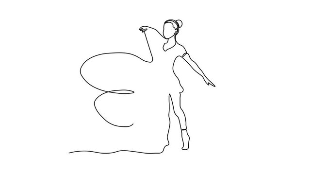 A girl does exercises, gymnastics, Pilates, aerobics with gymnastic ribbon. Self drawing animation one continuous line draw, logo