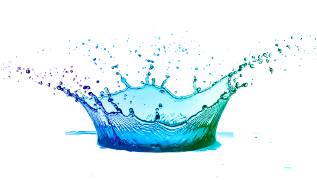 Isolated clear blue water splash with fresh drops and bubbles on a white background