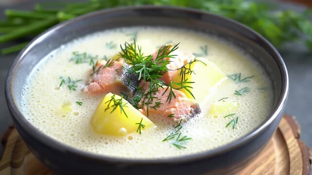 Creamy Finnish Salmon Soup with Potatoes Dill in Dark Bowl on Gray Background