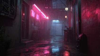 Rain-slicked alleyway at night, vibrant neon signs
