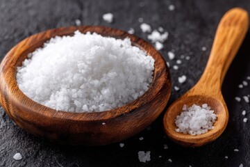 White salt crystals in a wooden bowl and spoon on dark stone