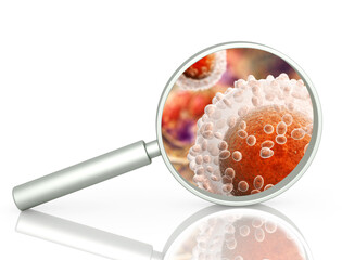 Magnifying glass, pathogenic bacteria and viruses. Rapid multiplication of bacteria. Infection, microbe, germs and microorganisms. Contamination and microbial growth. 3d render