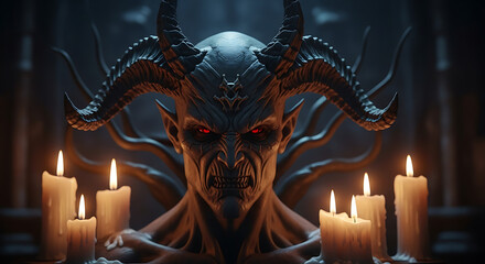 A horned demon with glowing red eyes surrounded by flickering candlelight in a dark setting