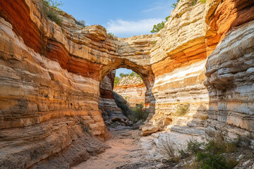 Natural sandstone archway carved into a desert canyon with sunlight illuminating the rock formations