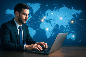 Businessman in formal suit working on laptop with glowing world map and digital network connections, international communication, finance, technology, business globalization, blue background