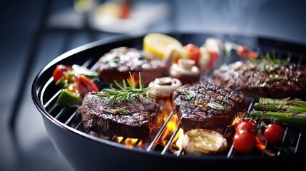 Obraz premium Delicious Gourmet Steak and Vegetable Kebabs on a Grill, Perfect for Summer Outdoor BBQ