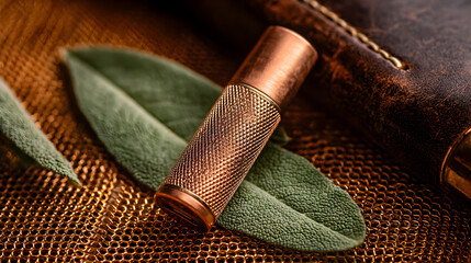 A copper item presented with a leaf and a leather case