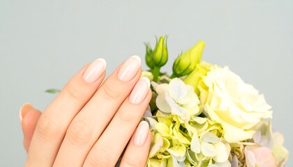 Close-up of manicured hand near flowers