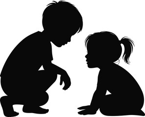 Children silhouette illustration, squatting child, sitting girl with ponytail, expressive pose vector, white background contrast, isolated childhood moment, playful interaction scene.