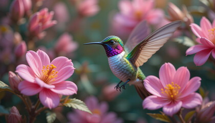 Naklejka premium Vibrant hummingbird hovering among pink flowers in a lush garden