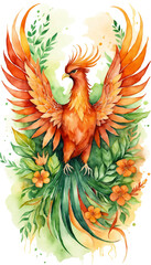 Obraz premium Vibrant watercolor illustration of a phoenix surrounded by colorful flowers and green foliage