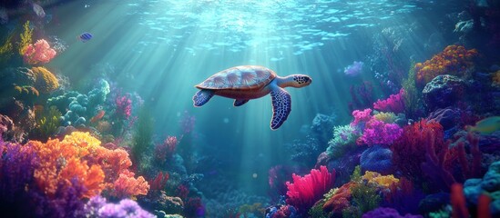 Obraz premium Sea turtle swimming in vibrant coral reef. (2)