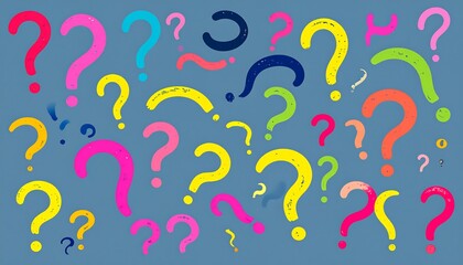 Obraz premium Colorful question marks scattered on a muted blue background