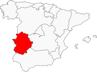 Map of Spain highlighting the autonomous community of Extremadura. Perfect for projects on its Roman heritage, historic cities, or rich biodiversity