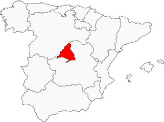 Fototapeta premium Map of Spain highlighting the Community of Madrid. Ideal for projects on Spain's capital city, its vibrant culture, and central location