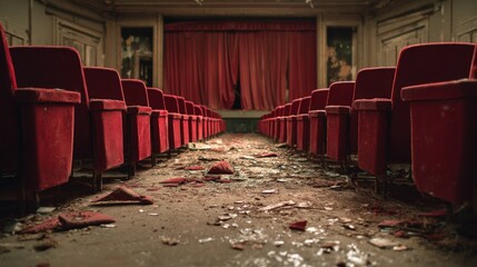 Abandoned Theater with Red Seats and Stage Curtains, Representing Decay and Forgotten Entertainment
