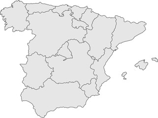 A sleek, grey silhouette map of Spain with clear outlines of its autonomous communities. Perfect for professional, educational, or political projects.