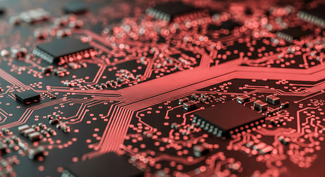 Red circuit board with glowing tracks and electronic components closeup, abstract technology hardware background for cybersecurity alert and modern engineering industry concept