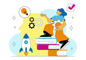 Career Upskilling Illustration featuring Self Improvement with Mentorship, Upskill, Development Strategies, and Smart Thinking in a Background
