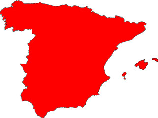 A bold, red silhouette map of Spain. Striking and simple, it's perfect for travel, cultural, or political designs that need a strong visual impact