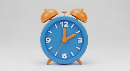 Bright Blue Alarm Clock Telling Time on Simple Grey Background