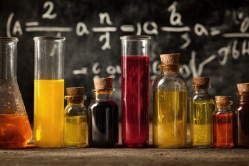 Assorted glass labware filled with colored liquids against a chalkboard background