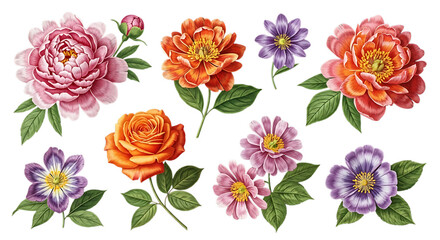 Watercolor floral set of roses, peonies and other flowers isolated on transparent background