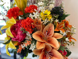 Bouquet of colorful flowers in the shop. Floral background