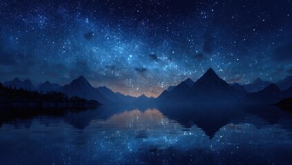 Night sky reflecting on a still lake, with mountain silhouettes and a vibrant Milky Way
