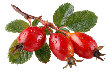 Rose hips with leaves isolated on a white background