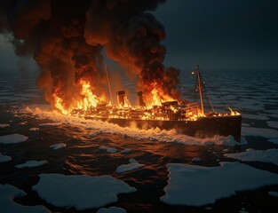 A dramatic scene unfolds as a battleship burns fiercely amidst icy waters, billowing thick black smoke and engulfed in flames, highlighting the devastating impact of war on maritime vessels