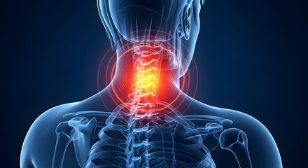 Human Body Neck Pain with Glowing Spinal Cord in Dark Blue Background