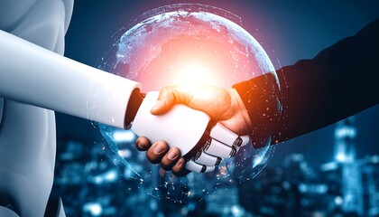Robot and human handshake symbolizes future collaboration and technological advancement in global business