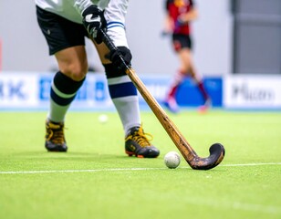 Obraz premium Close-up of a hockey stick hitting the ball on green turf with detailed textures and sharp focus. Generated image