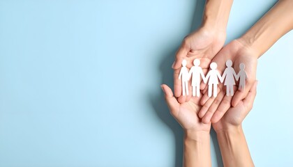 World Humanitarian Day — hands gently holding wooden cutouts of a family against a soft blue background, symbolizing protection, care, and human connection