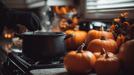 Stewing Pot on Stove with Pumpkins for Autumn Harvest, Celebration and Festive Atmosphere